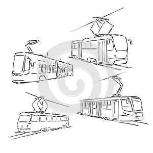 Isolated vector illustration of a tram. Public urban transportation. Hand drawn linear doodle ink sketch. Black silhouette on