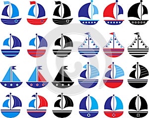 Isolated vector illustrations of sailing boats in red, blue, black and white