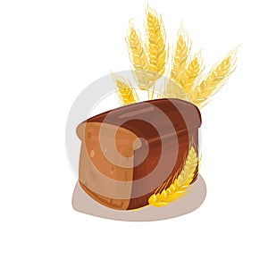 Isolated vector loaf of wheat bread with spikelets.