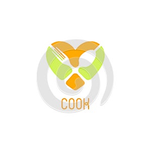 Isolated vector logo for catering business. Restaurant emblem. Yellow and light green colors. Valentines Day greeting