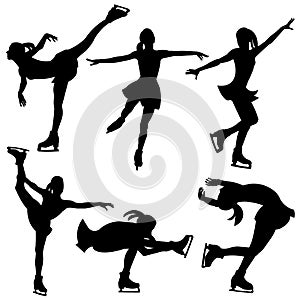 Isolated vector silhouettes of a figure skater girl on a skating rink in a dress for competitions in various poses