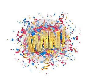 Isolated vector Win golden word and colorful confetti on white background. EPS 10