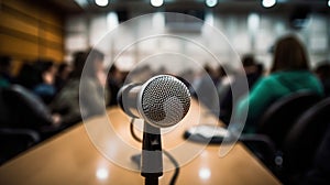 Isolated view of a microphone in the front of a conference room among blurred other mikes in the background. Generative Ai