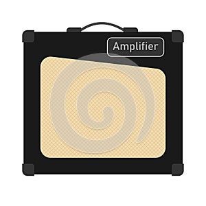 Isolated vintage black electric guitar amplifier equipment for musician flat logo or icon style, print for tee-shirt.