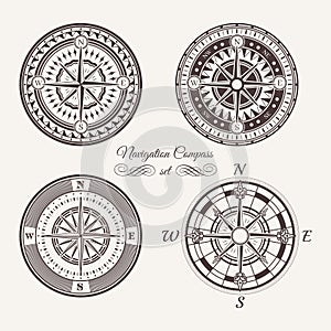 Isolated vintage or old marine compass rose icons. Sea or ocean navigation. Retro cartography icon or traveler compass