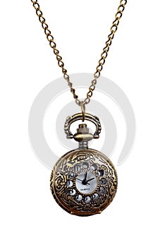 Isolated Vintage style woman pocket watch necklace