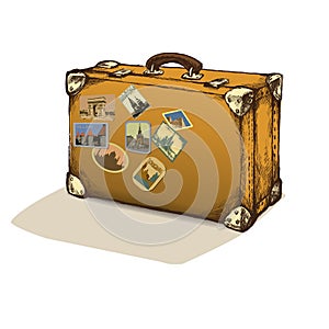 Isolated vintage suitcase with labels. illustration