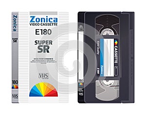 Isolated vintage VHS tape with cover. Vector colored illustration on light background. Original retro objects.