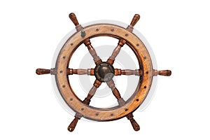 Isolated Vintage Wooden And Brass Ship`s Steering Wheel With White Background