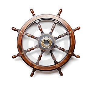 Isolated Vintage Wooden And Brass Ship's Steering Wheel With White Background. generative AI