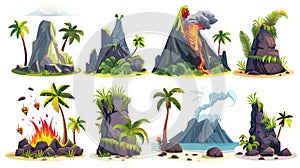 Isolated volcano with smoke, rocks, and palm trees. Cartoon set of volcanic eruption, mountain with crater, tropical