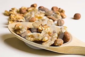 Isolated walnuts and almonds in macro view on a wooden spoon