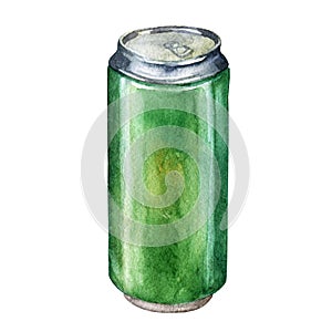 Isolated watercolor beer can on white background.