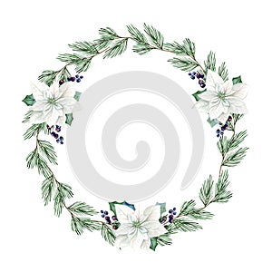 Isolated watercolor christmas wreath hand drawn on white background