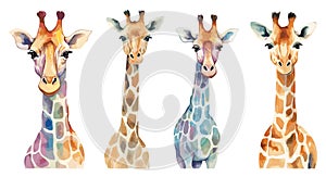 Isolated watercolor cute giraffes. Tropical giraffe, wild exotic safari animals heads. Animalistic print, vector