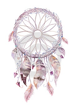 Isolated Watercolor decoration bohemian dreamcatcher. Boho feath photo