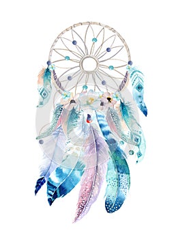 Isolated Watercolor decoration bohemian dreamcatcher. Boho feathers decoration. Native dream chic design. Mystery etnic tribal pr photo