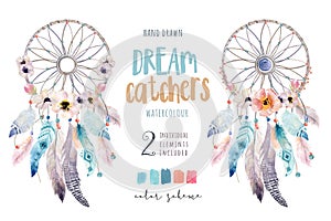 Isolated Watercolor decoration bohemian dreamcatcher. Boho feathers decoration. Native dream chic design. Mystery etnic tribal pr photo