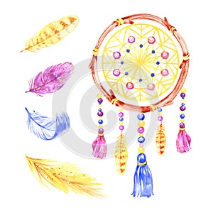 Isolated Watercolor decoration bohemian dreamcatcher. Boho feathers decoration. Native dream chic design. Mystery etnic