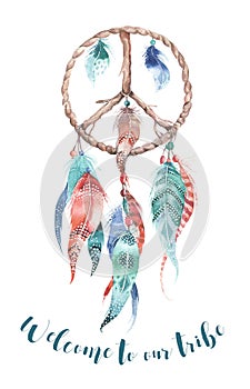 Isolated Watercolor decoration bohemian dreamcatcher. Boho feathers. Native dream chic design. Mystery etnic tribal print. Tribal