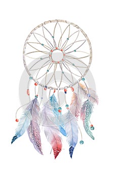 Isolated Watercolor decoration dreamcatcher with beads and boho photo