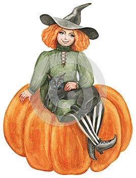 Isolated watercolor element. A girl and a pumpkin. A girl and a black cat. The print is used for packaging design,