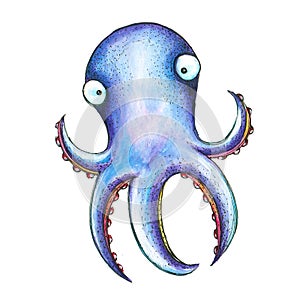 Isolated    watercolor funny cartoon purple octopus