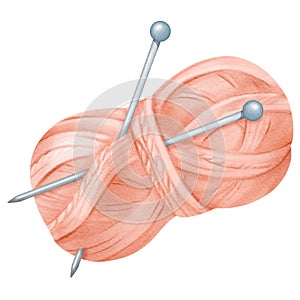 An isolated watercolor illustration featuring a pink yarn spool. Embedded in the spool are steel knitting needles. wool and cotton