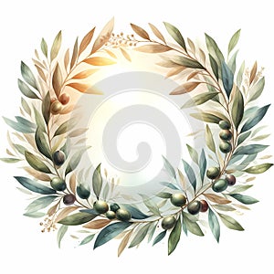 Isolated watercolor illustration of a frame with olive branches.