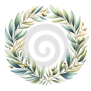 Isolated watercolor illustration of a frame with olive branches.