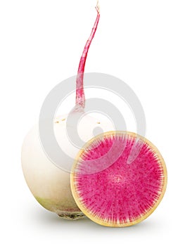 Isolated watermelon radishes. Whole raw watermelon radish with half isolated on white background with clipping path.