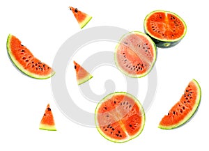 Isolated watermelons. Collection of whole and cut watermelon fruits isolated on white background