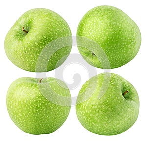 Isolated wet apples. Collection of whole green apple fruits isolated on white background with clipping path.