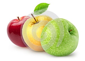 Isolated wet apples. Green, yellow, red apple fruits isolated on white background with clipping path.