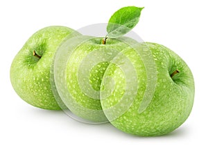 Isolated wet apples. Three whole green apple fruits isolated on white background with clipping path.