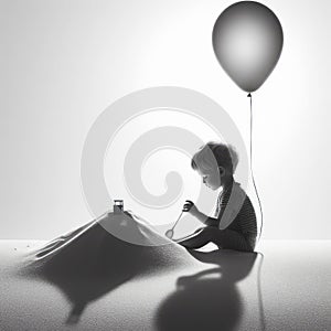 Isolated Whimsy: Little Boy with Balloon, Black and White Delight