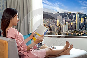 Isolated on white background for art work for Asian traveller woman open curtain of hotel window