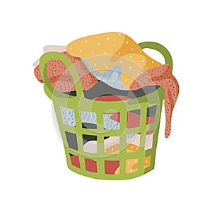 Isolated on white background basket with a bunch of dirty laundry. Vector flat illustration