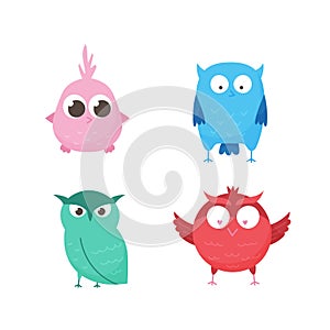 Isolated on white background cute forest owls. Set of cartoon animals for print, children development.