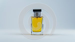 Isolated on a white background, an elegant yellow perfume bottle with a black lid. There are no people in the image.