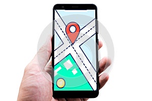 Isolated on white background hand hold smartphone with navigate map on display and clipping path photo