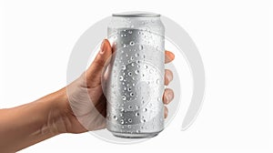 Isolated on white background, hand holding empty aluminum can with condensation. Front view.