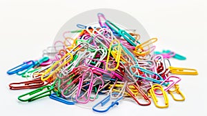 Isolated white background with a heap of multicolored paper clips.