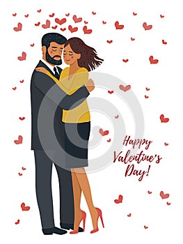 Isolated on white background hugging couple in love with many hearts. Cute valentines day vector illustration