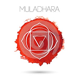 Isolated on white background illustration of one of the seven chakras - Muladhara. Watercolor hand painted texture.