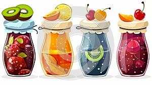 An isolated white background with jars of jam from strawberry, peach, cherry, sea buckthorn, kiwi and apricot. Modern