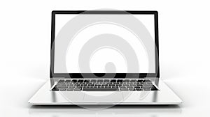 Isolated white background of a laptop with a blank white screen.
