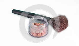 Isolated on white background makeup beauty cosmetics tools, facial product, brush. Decorative blush in balls, sculptor, eye shadow