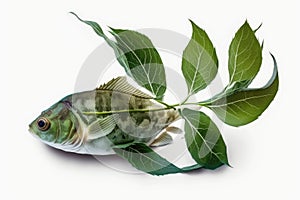 Isolated white background with a mint leaf from a Houttuynia cordata chameleon fish