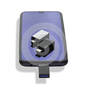 Isolated on a white background phone or smartphone with USB OTG data transfer connected to a USB flash drive
